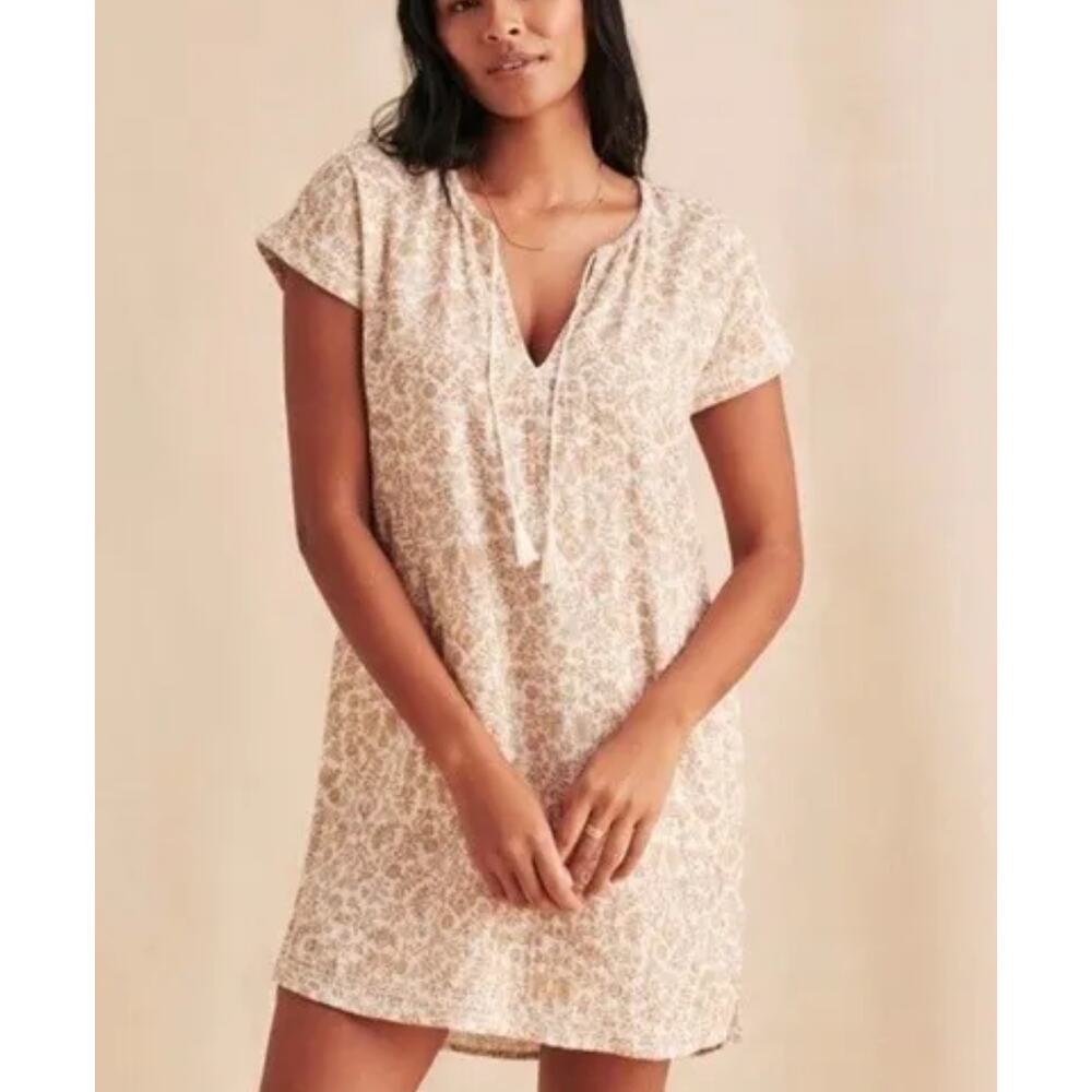 Faherty Boho Floral Dress Women's Medium Tan Tasseled Organic Cotton Cottagecore